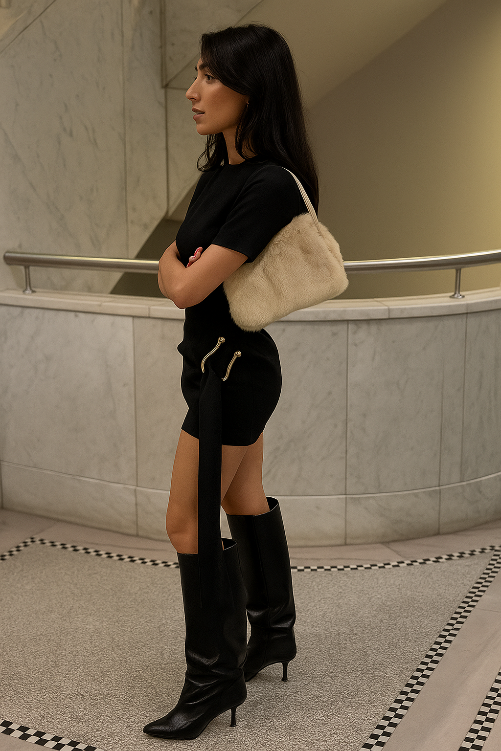 Black Minimal Cut-Out Dress with Draped Detail