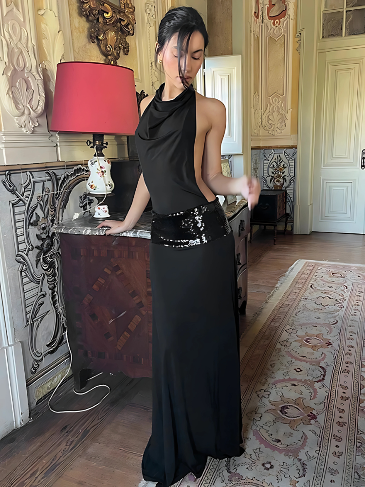 Silken Drape Backless Maxi Dress