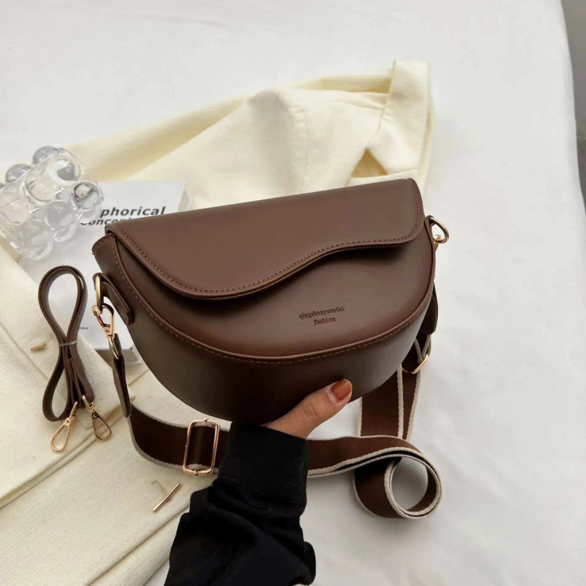 Women Vintage Solid Color Flap Small Saddle Shoulder Underarm Bag Fashion PU Leather Wide Strap Crossbody Bag