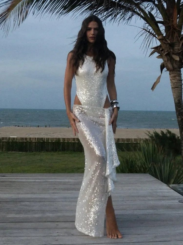 Sequin Two-Piece Set with Bodysuit and Slit Maxi Skirt