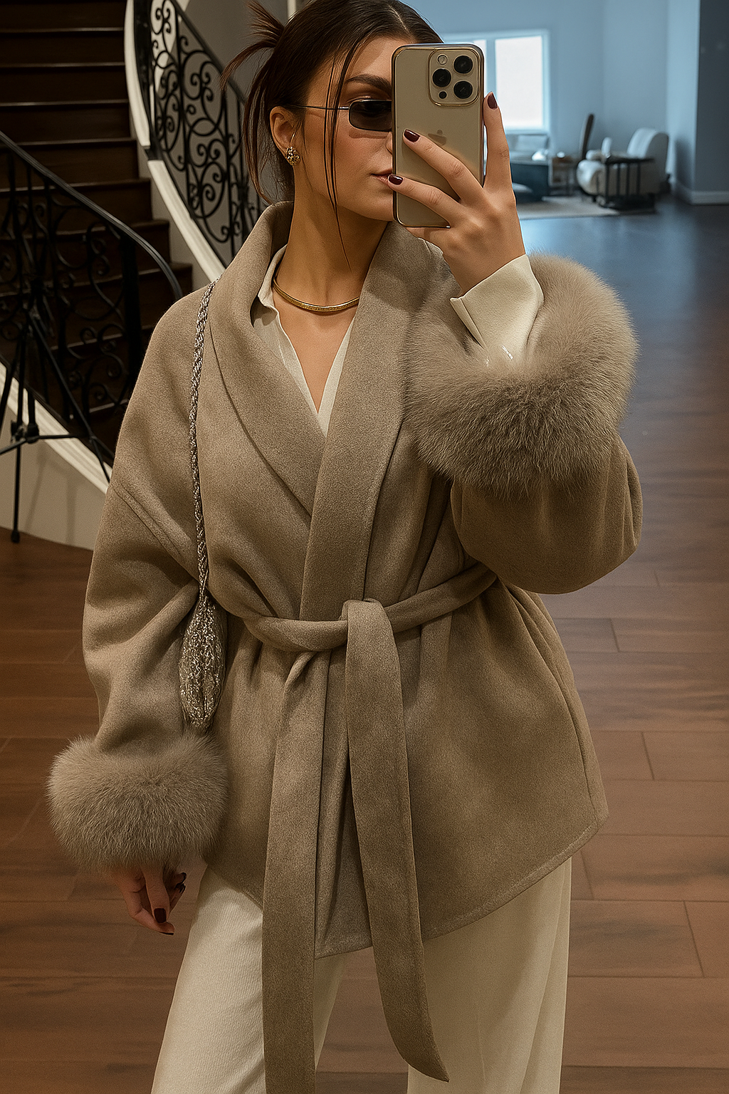Luxe Furry Lapel Belted Woolen Jacket