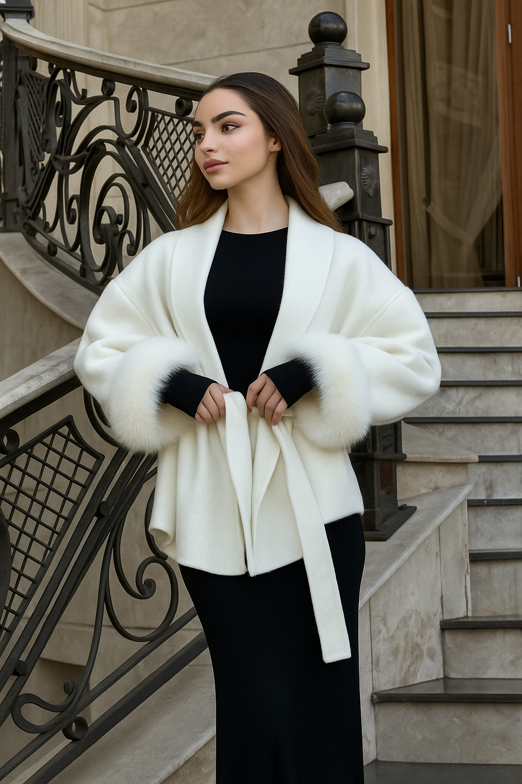 Luxe Furry Lapel Belted Woolen Jacket