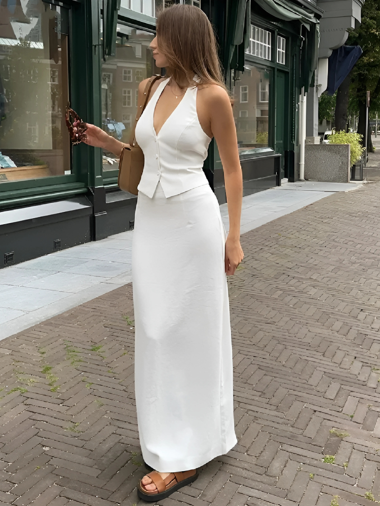 Buttoned Halter & Slit Maxi Skirt Set – Y2K Street Style