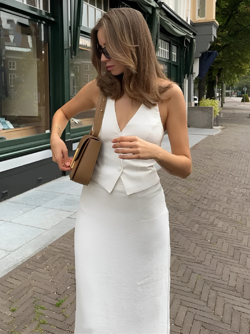 Buttoned Halter & Slit Maxi Skirt Set – Y2K Street Style