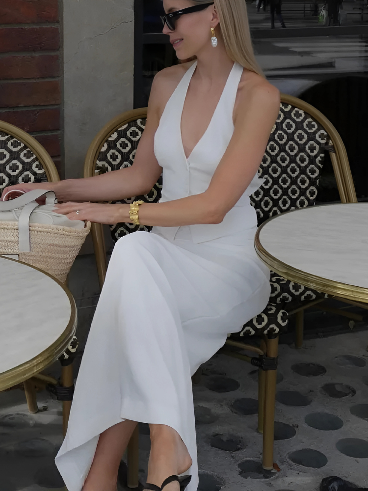Buttoned Halter & Slit Maxi Skirt Set – Y2K Street Style