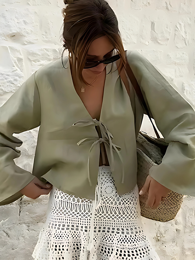 Lace-Up Cotton Linen Blouse