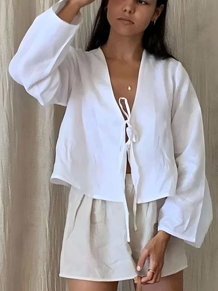 Lace-Up Cotton Linen Blouse