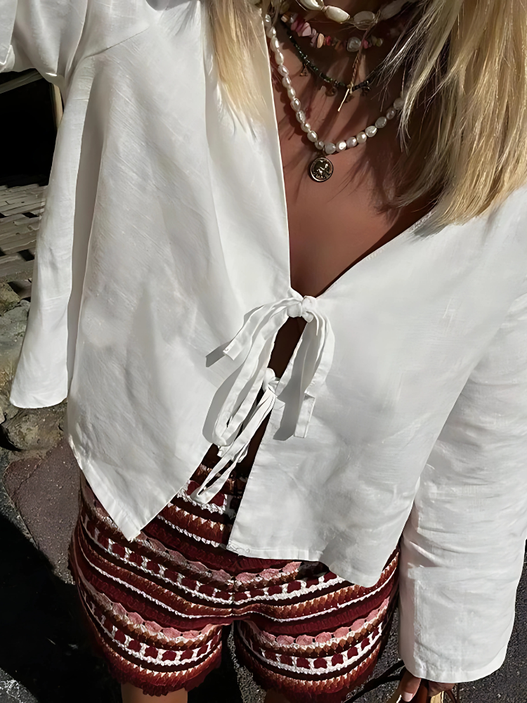Lace-Up Cotton Linen Blouse