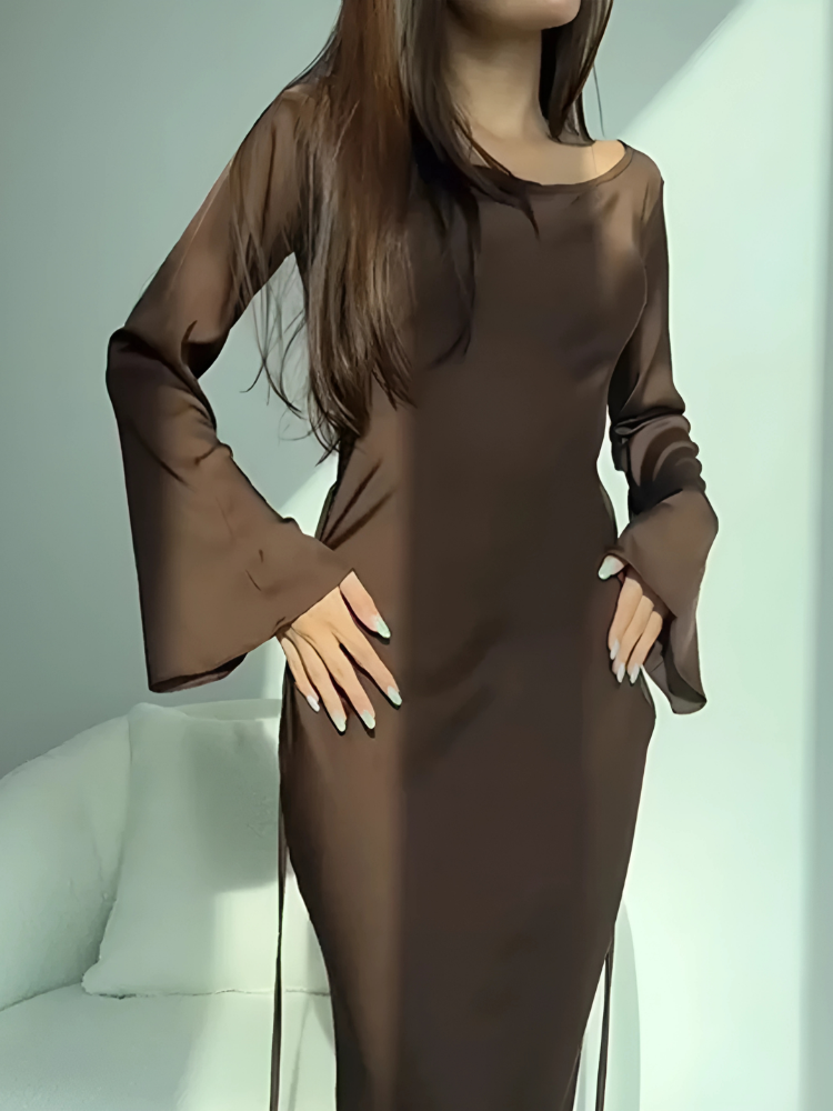 Elegant Lace-Up Flare Sleeve Maxi Dress