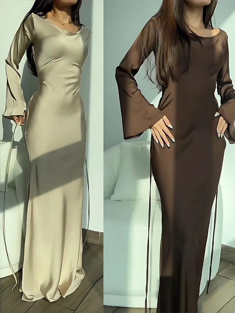 Elegant Lace-Up Flare Sleeve Maxi Dress
