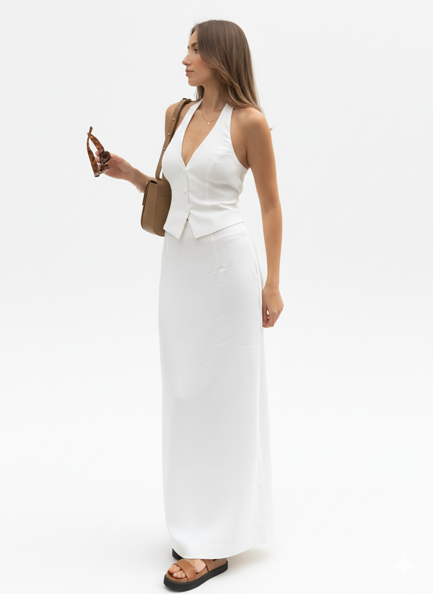 Buttoned Halter & Slit Maxi Skirt Set – Y2K Street Style