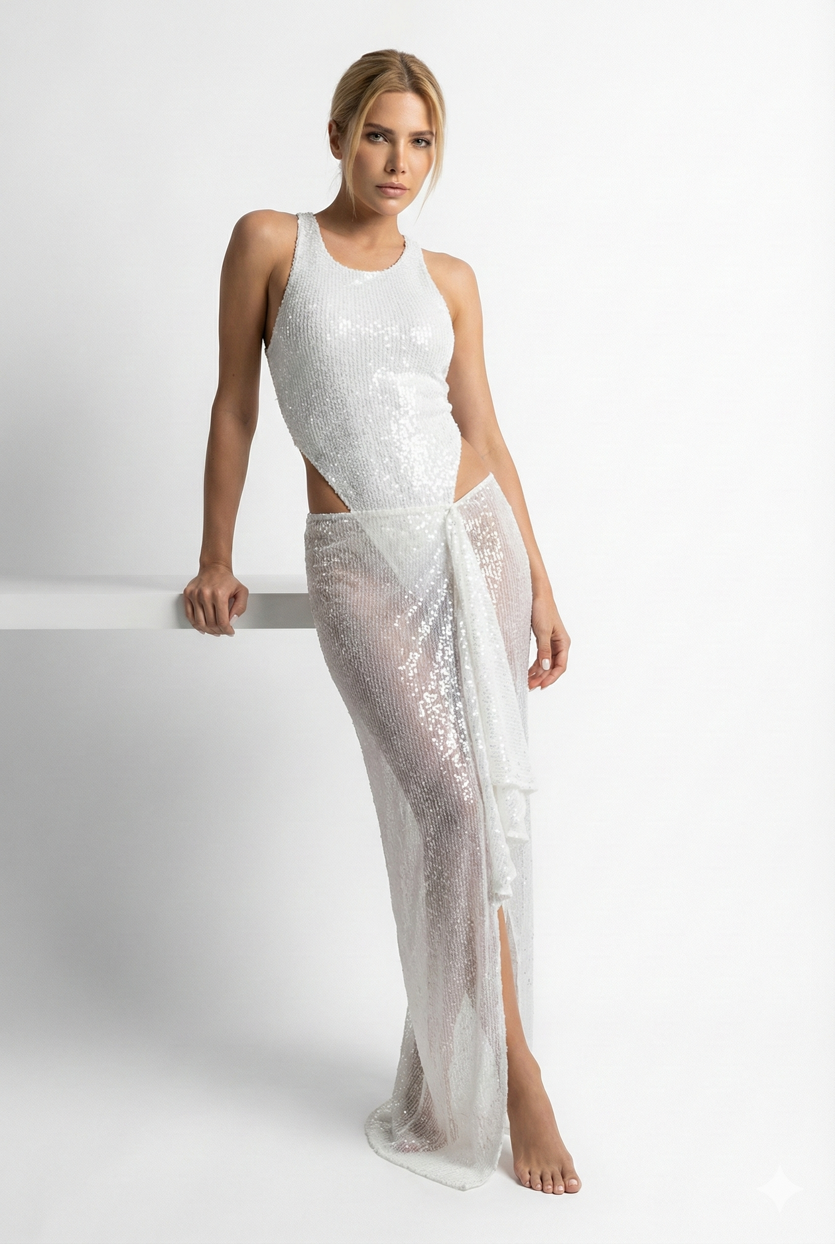 Sequin Two-Piece Set with Bodysuit and Slit Maxi Skirt