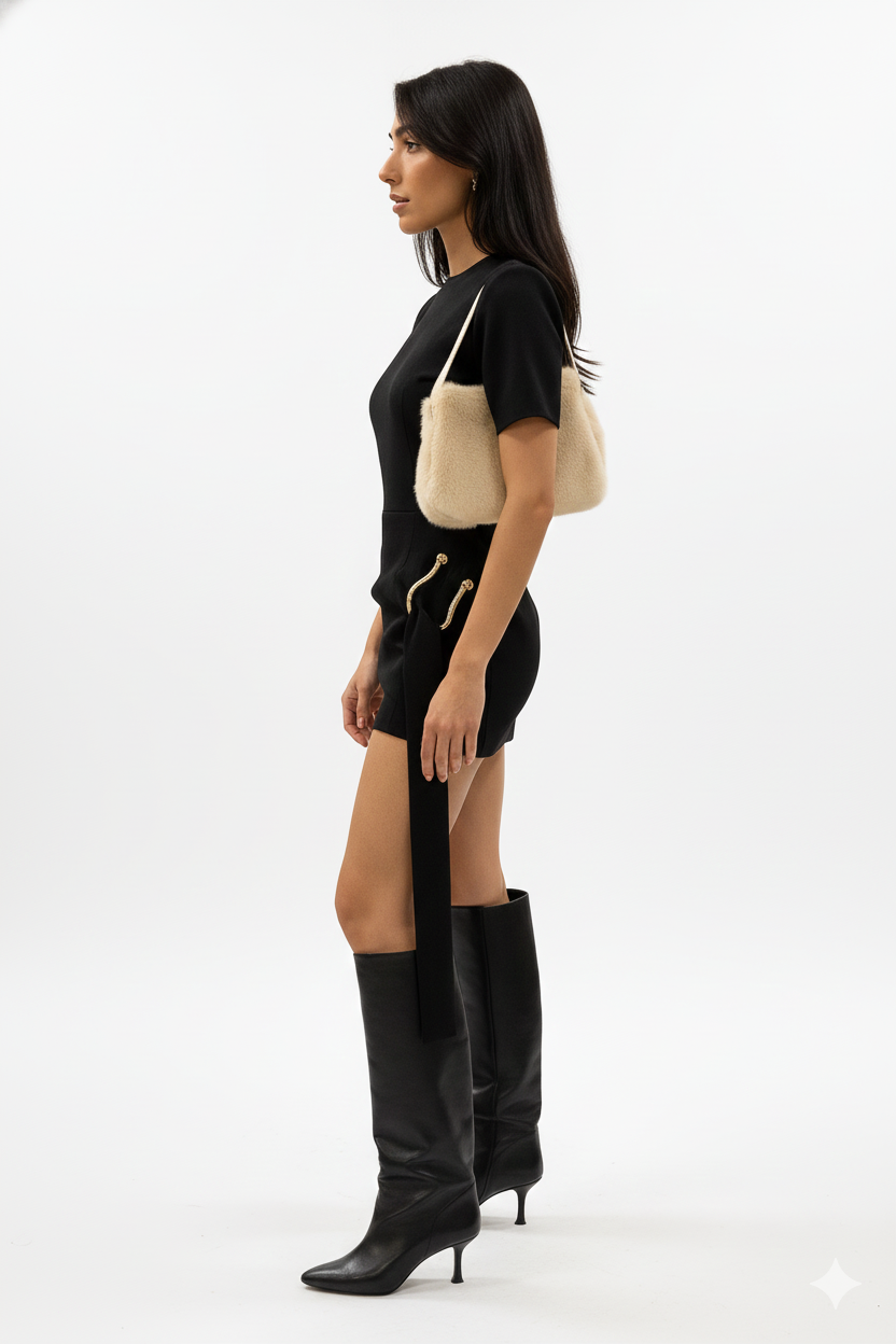Black Minimal Cut-Out Dress with Draped Detail