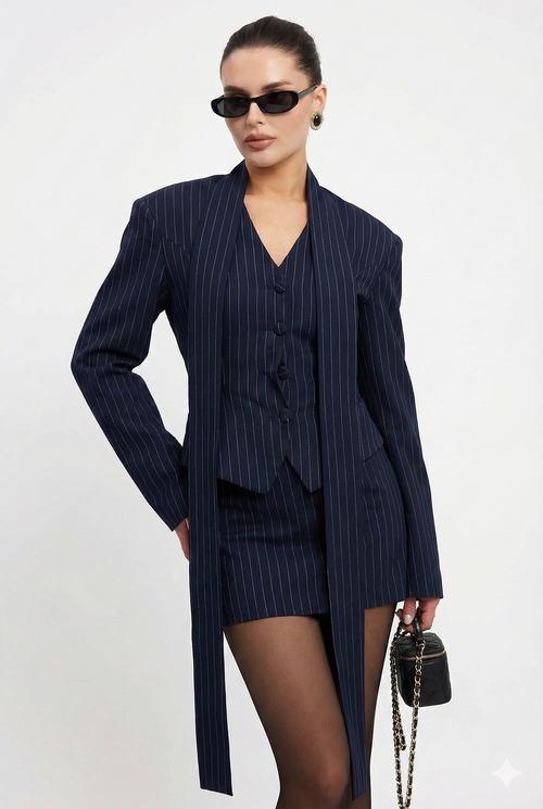 3-Piece Striped Ribbon Blazer & Mini Dress Set