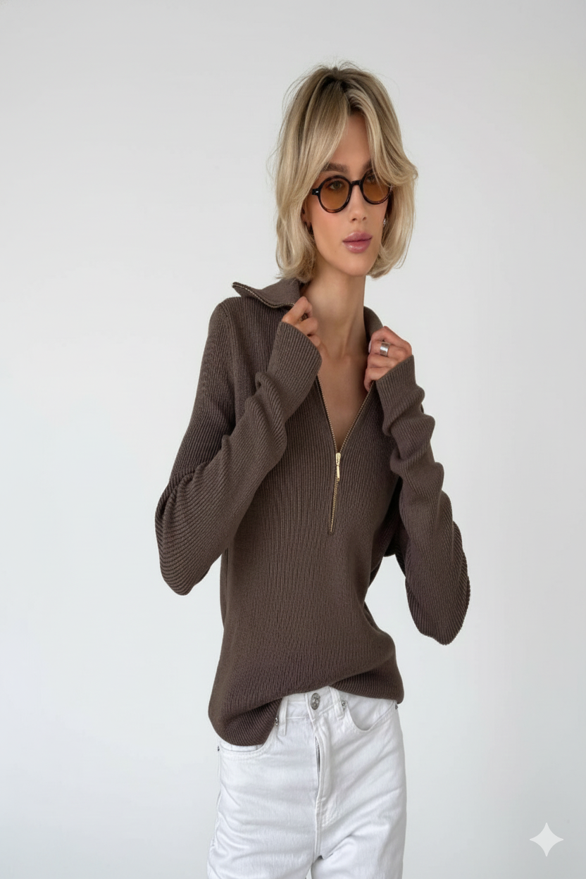 Iced Mocha Half-Zip Chunky Knit Jumper