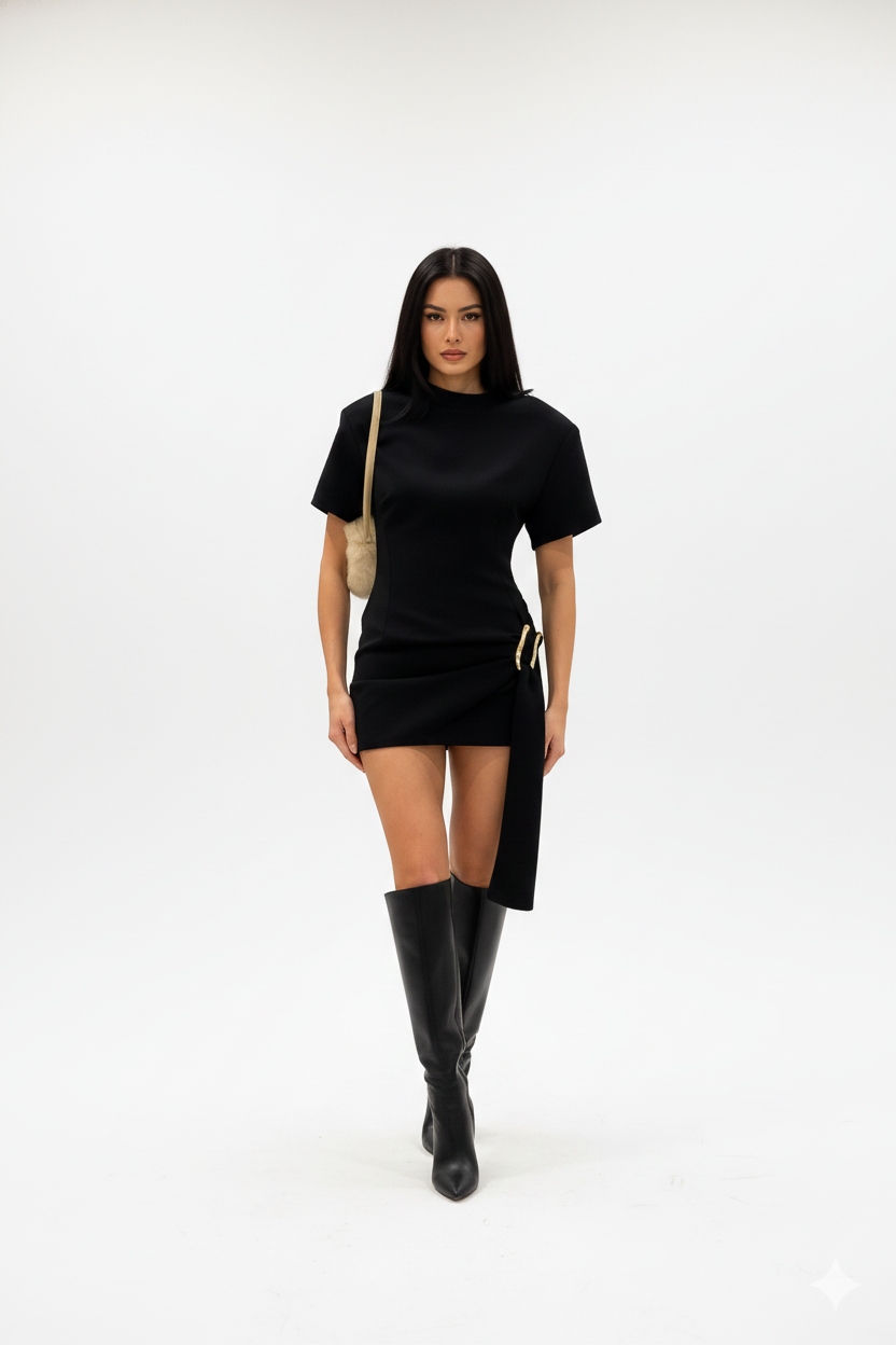 Black Minimal Cut-Out Dress with Draped Detail