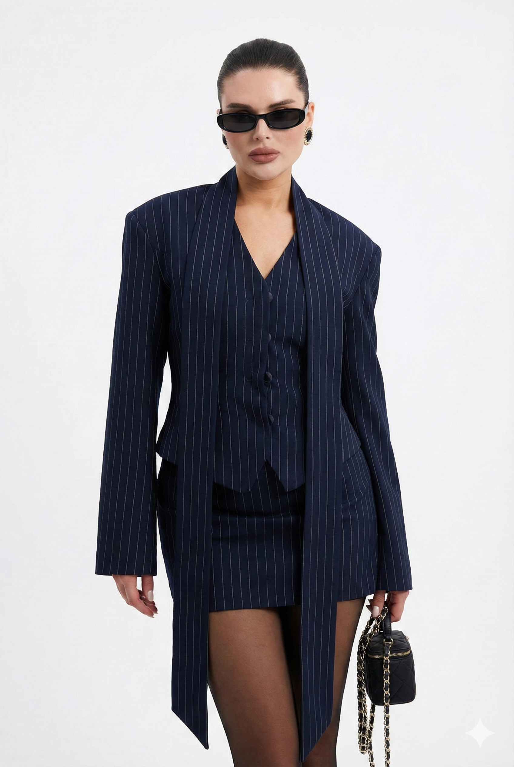 3-Piece Striped Ribbon Blazer & Mini Dress Set