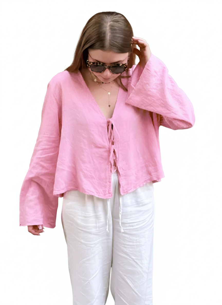 Lace-Up Cotton Linen Blouse