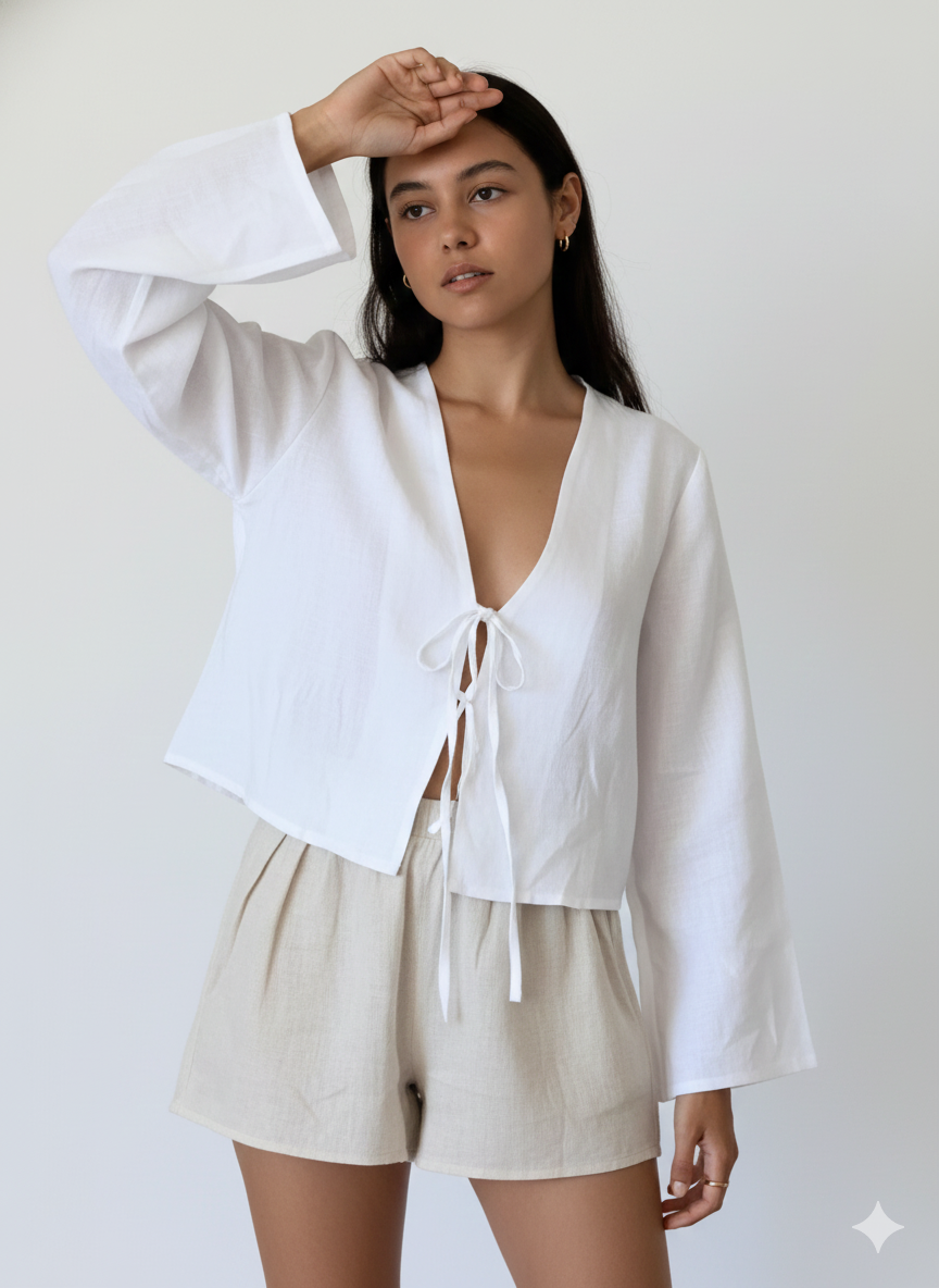 Lace-Up Cotton Linen Blouse