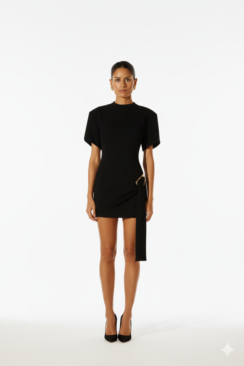Black Minimal Cut-Out Dress with Draped Detail