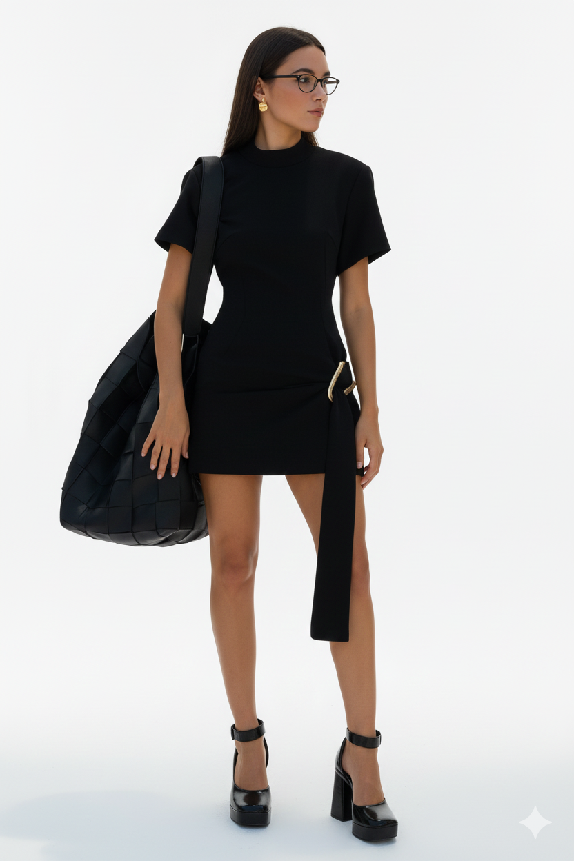 Black Minimal Cut-Out Dress with Draped Detail