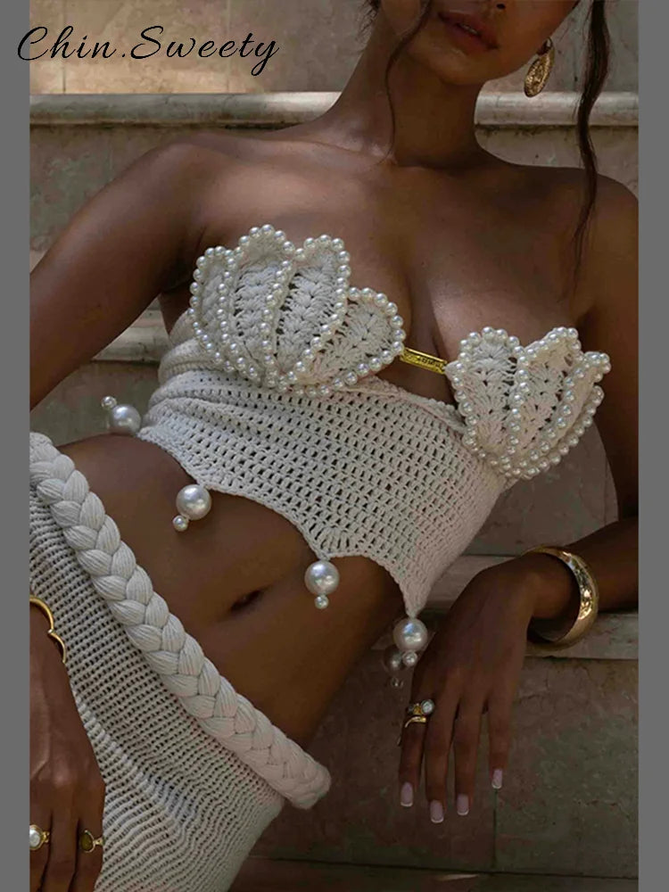 Crochet Pearl Two-Piece Mermaid Skirt Set