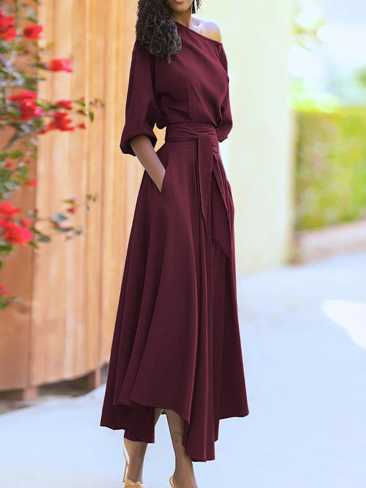 Green Diagonal Neck Midi Dress
