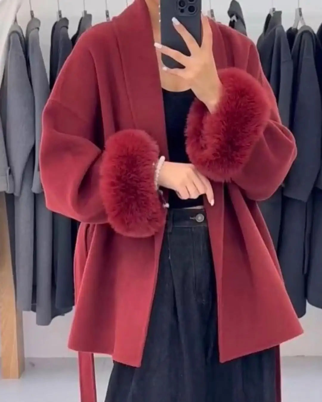 Luxe Furry Lapel Belted Woolen Jacket