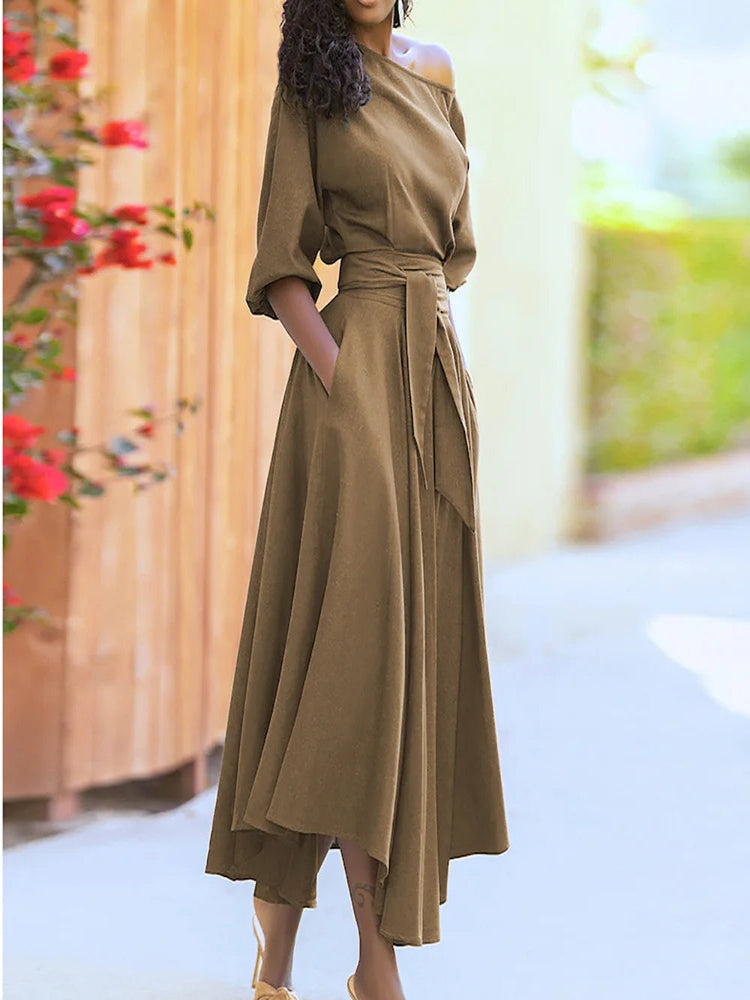 Green Diagonal Neck Midi Dress