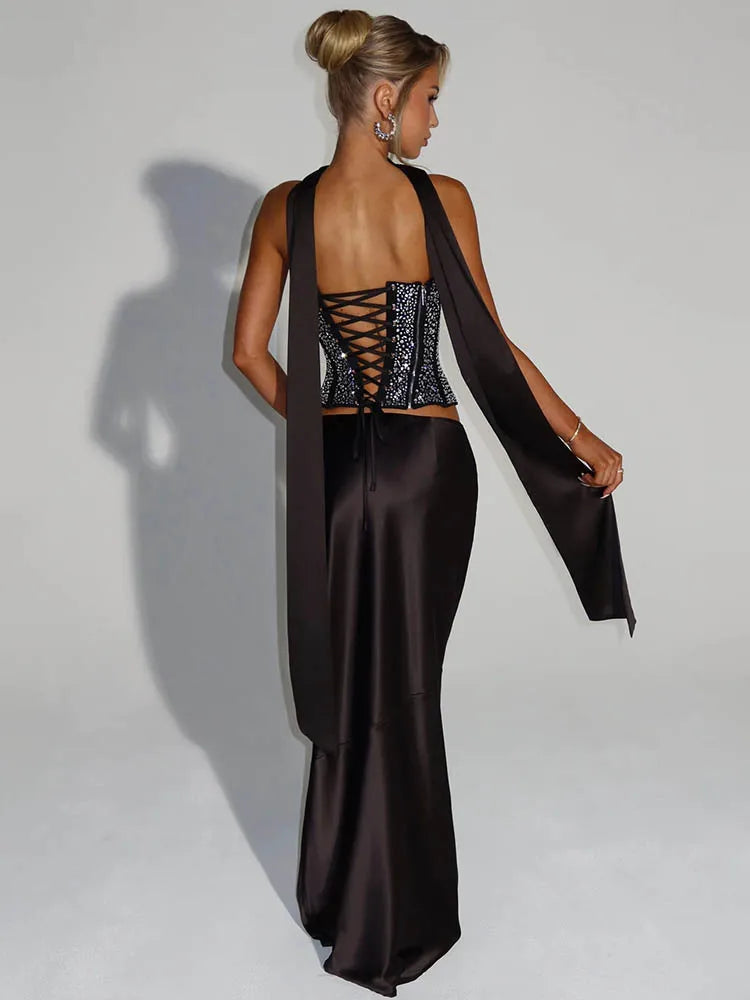 Satin Sparkle Scarf-Collar Maxi Set