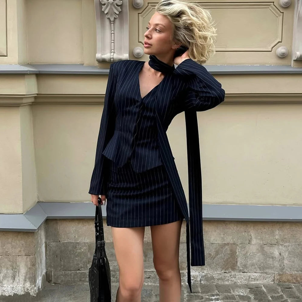 3-Piece Striped Ribbon Blazer & Mini Dress Set