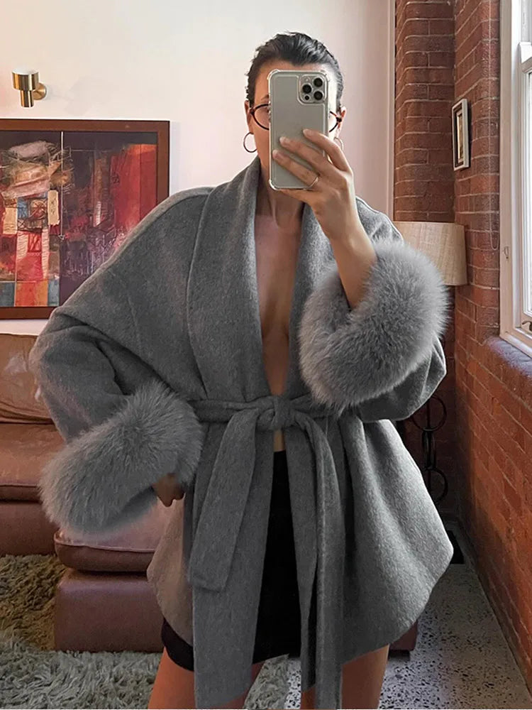 Luxe Furry Lapel Belted Woolen Jacket