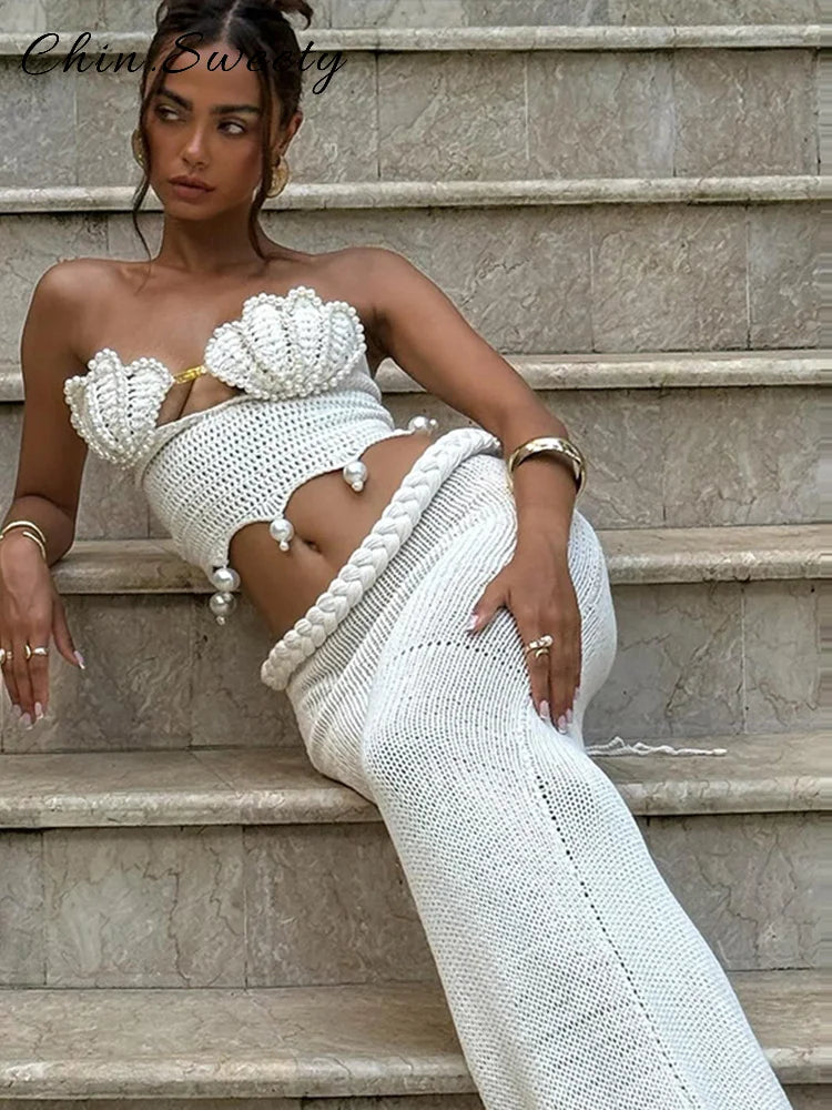 Crochet Pearl Two-Piece Mermaid Skirt Set