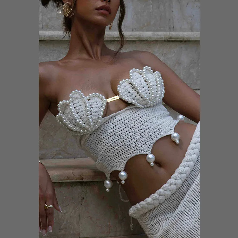 Crochet Pearl Two-Piece Mermaid Skirt Set