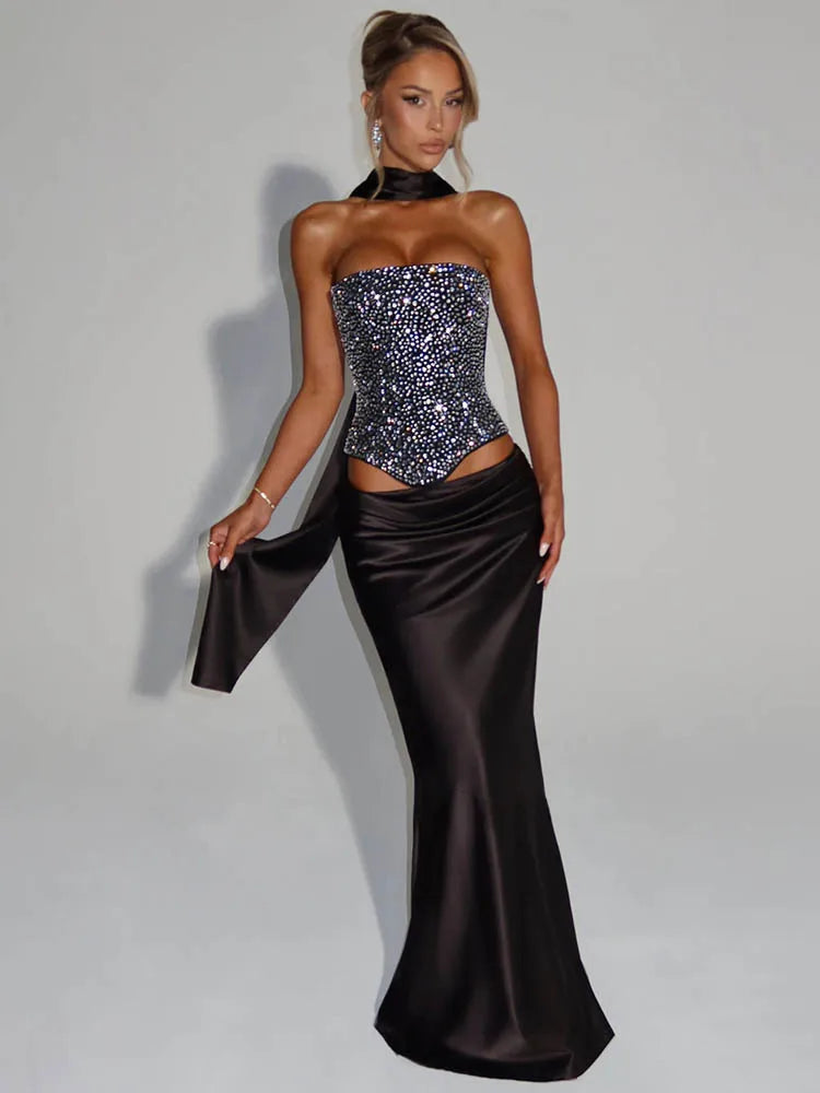Satin Sparkle Scarf-Collar Maxi Set