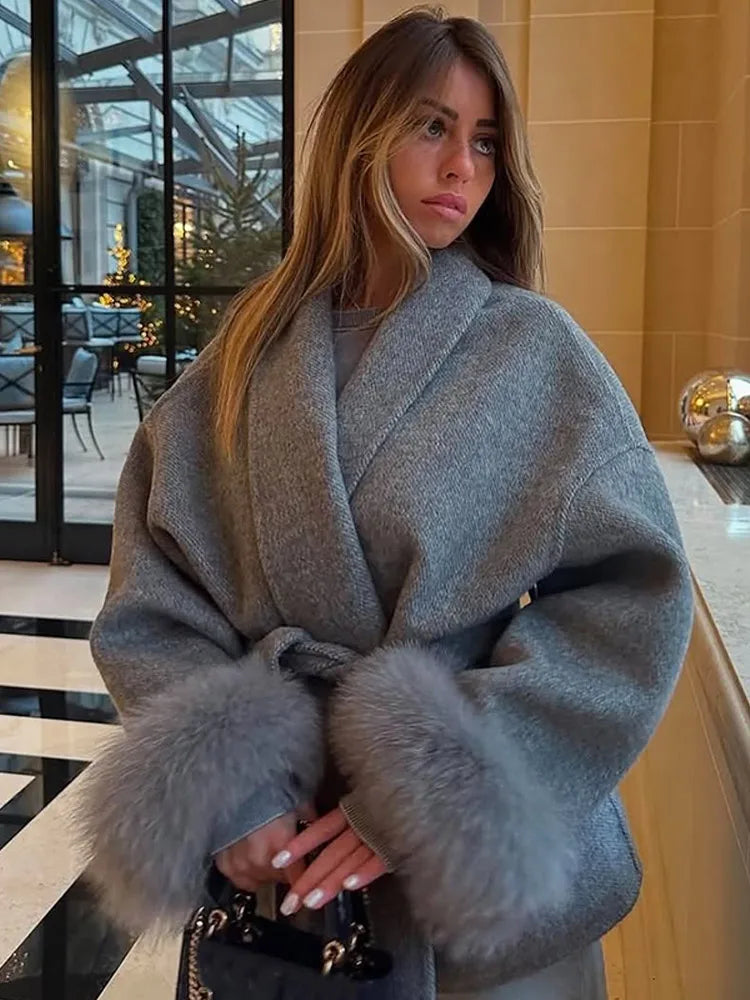 Luxe Furry Lapel Belted Woolen Jacket