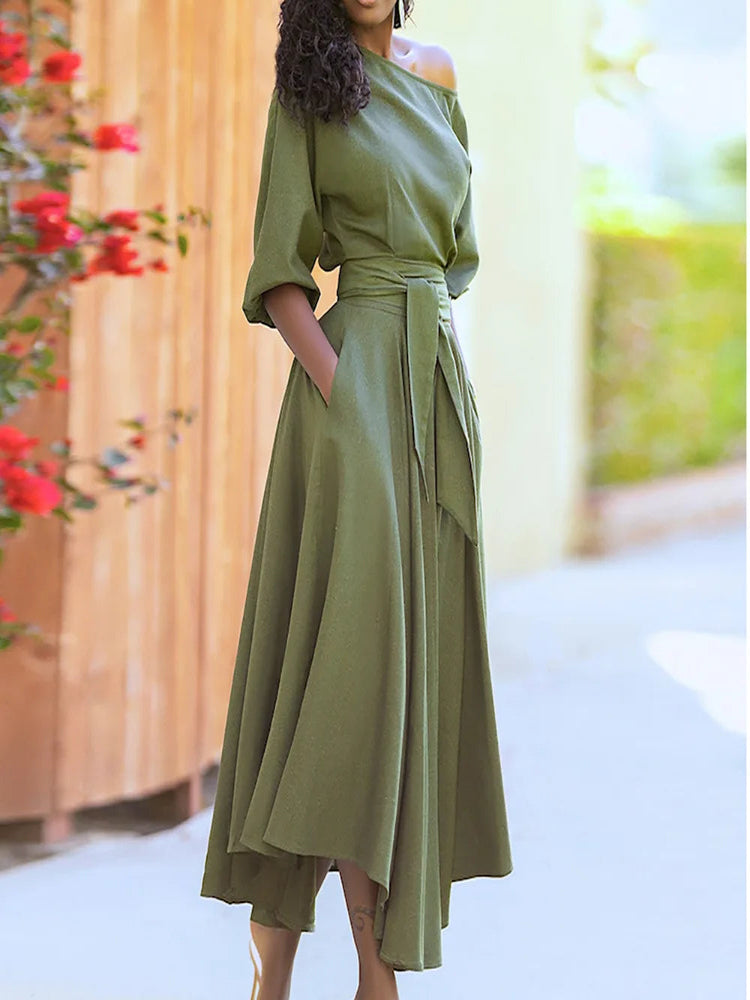 Green Diagonal Neck Midi Dress