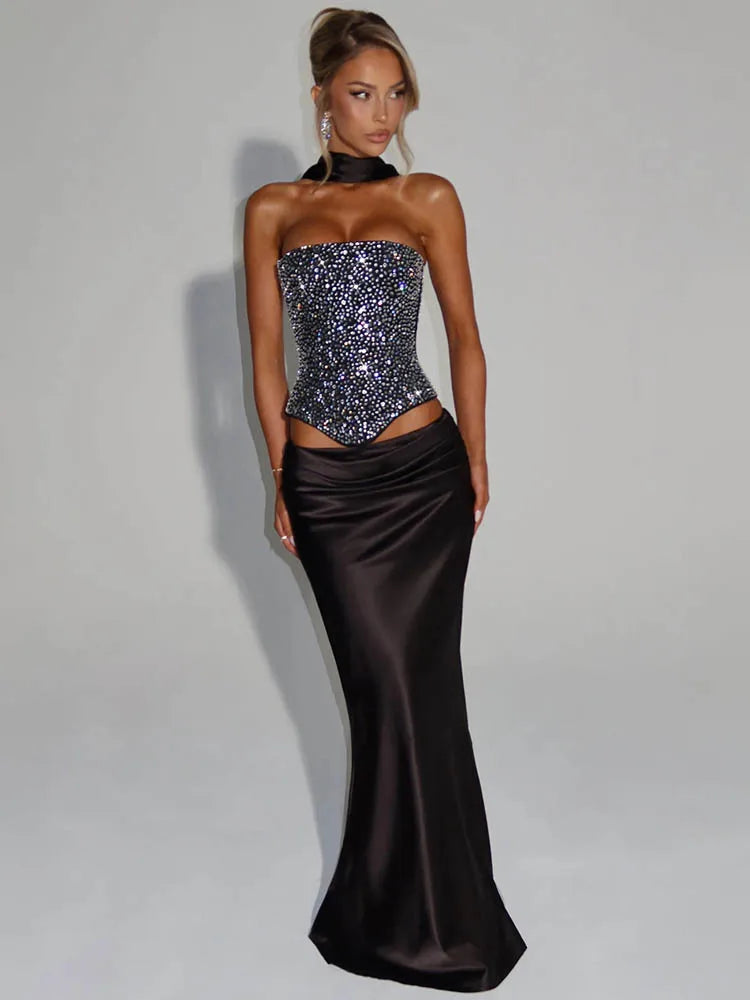 Satin Sparkle Scarf-Collar Maxi Set