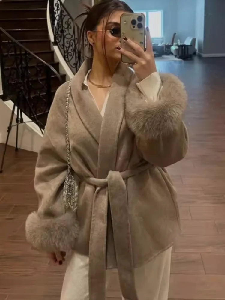 Luxe Furry Lapel Belted Woolen Jacket