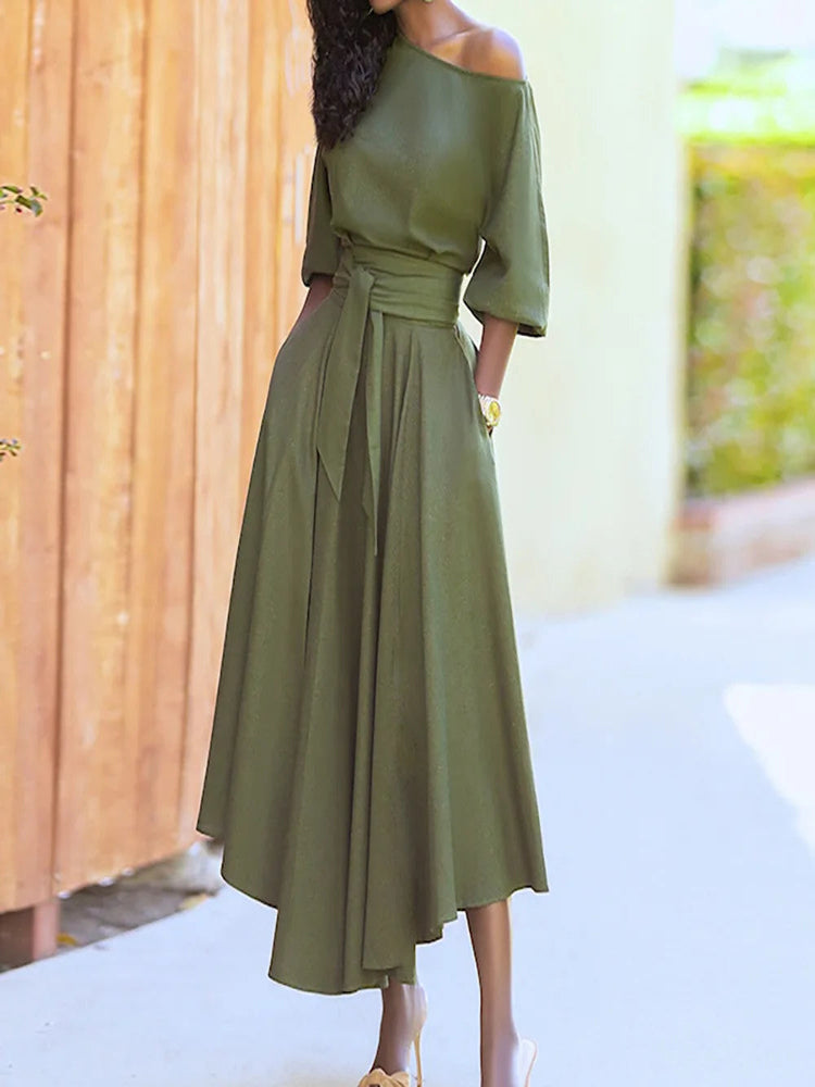 Green Diagonal Neck Midi Dress