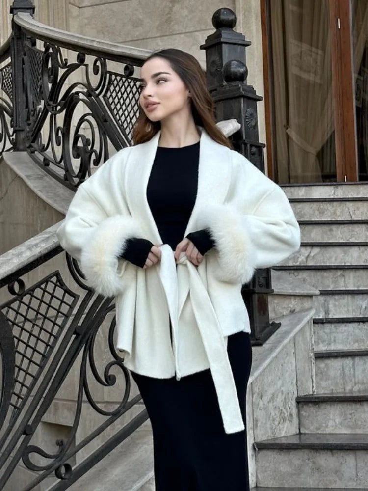 Luxe Furry Lapel Belted Woolen Jacket