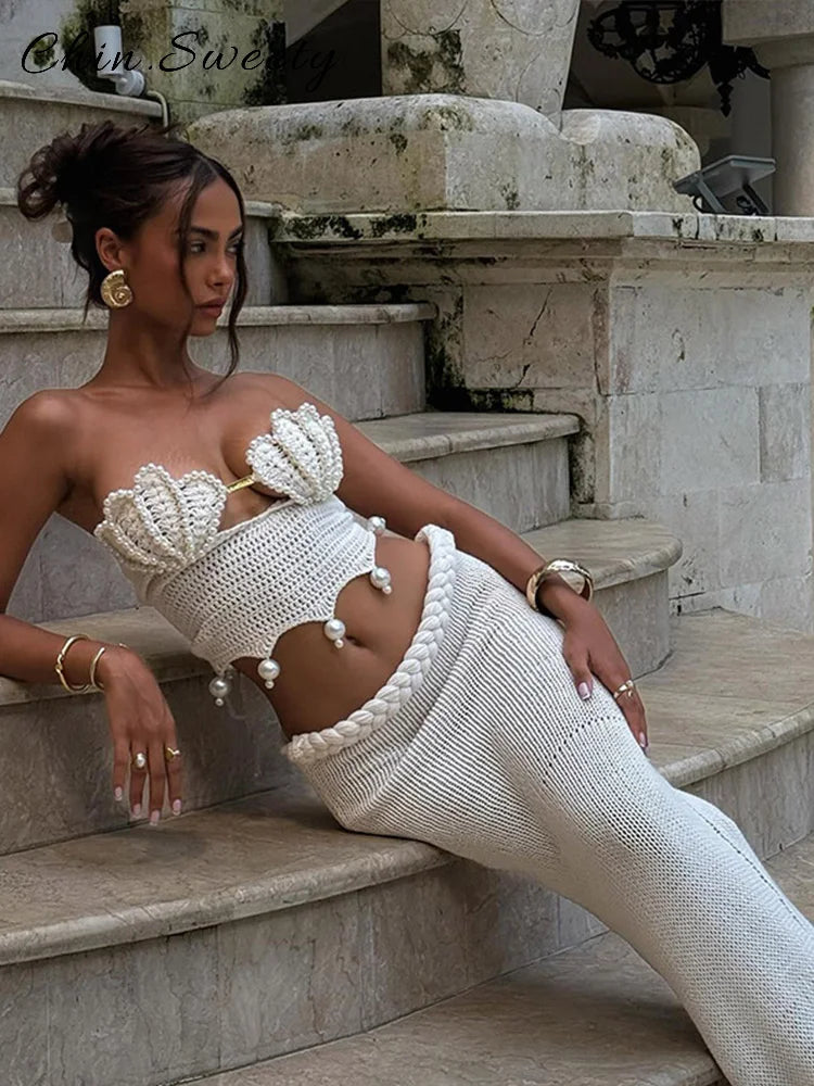Crochet Pearl Two-Piece Mermaid Skirt Set