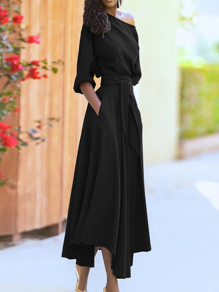 Green Diagonal Neck Midi Dress