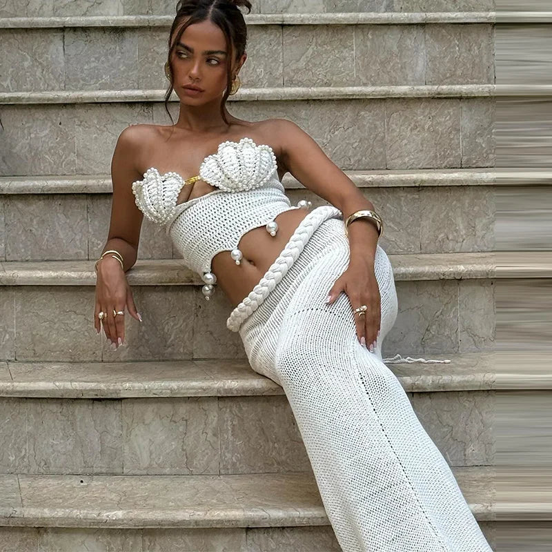 Crochet Pearl Two-Piece Mermaid Skirt Set
