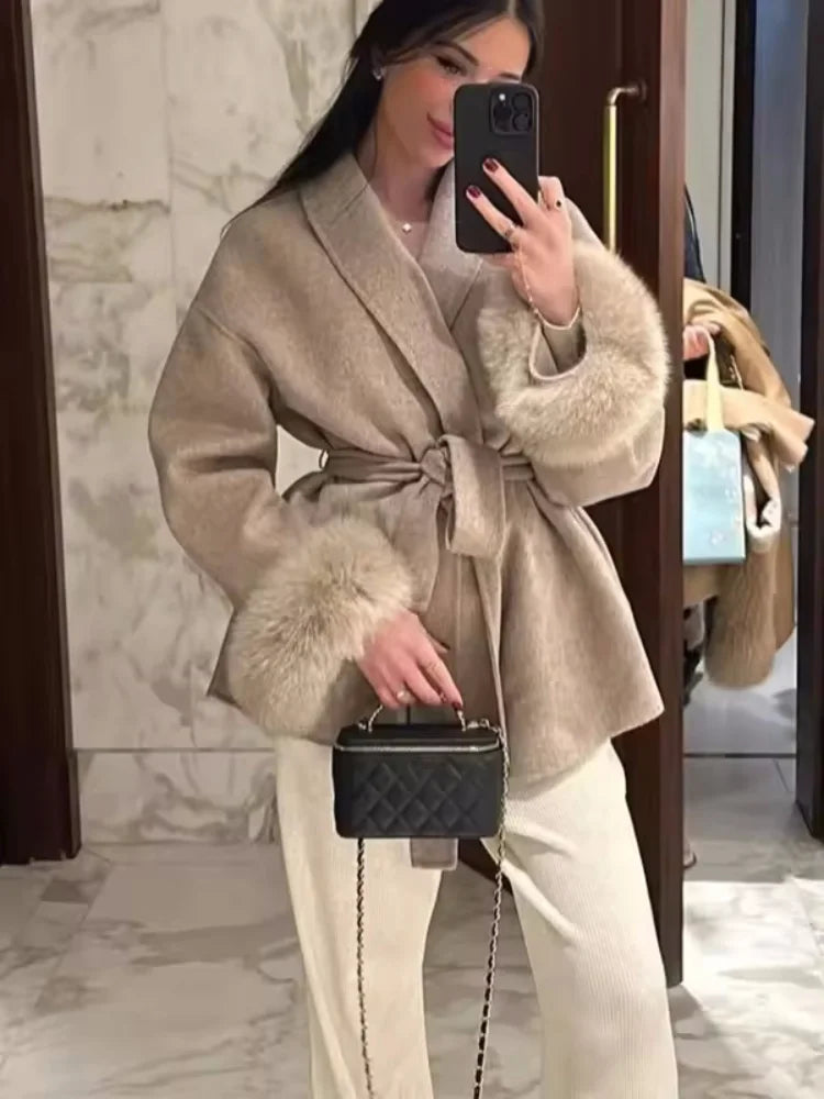 Luxe Furry Lapel Belted Woolen Jacket