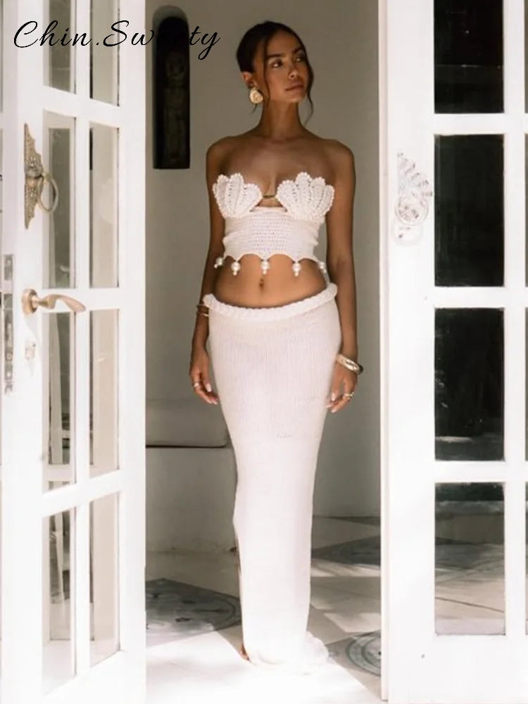 Crochet Pearl Two-Piece Mermaid Skirt Set