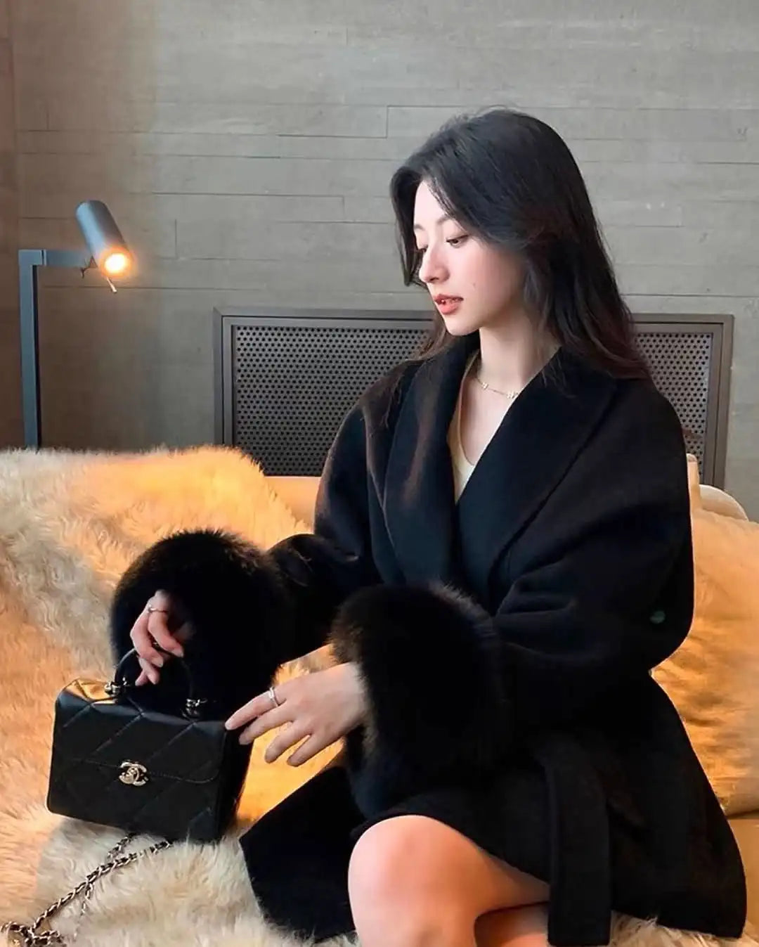 Luxe Furry Lapel Belted Woolen Jacket